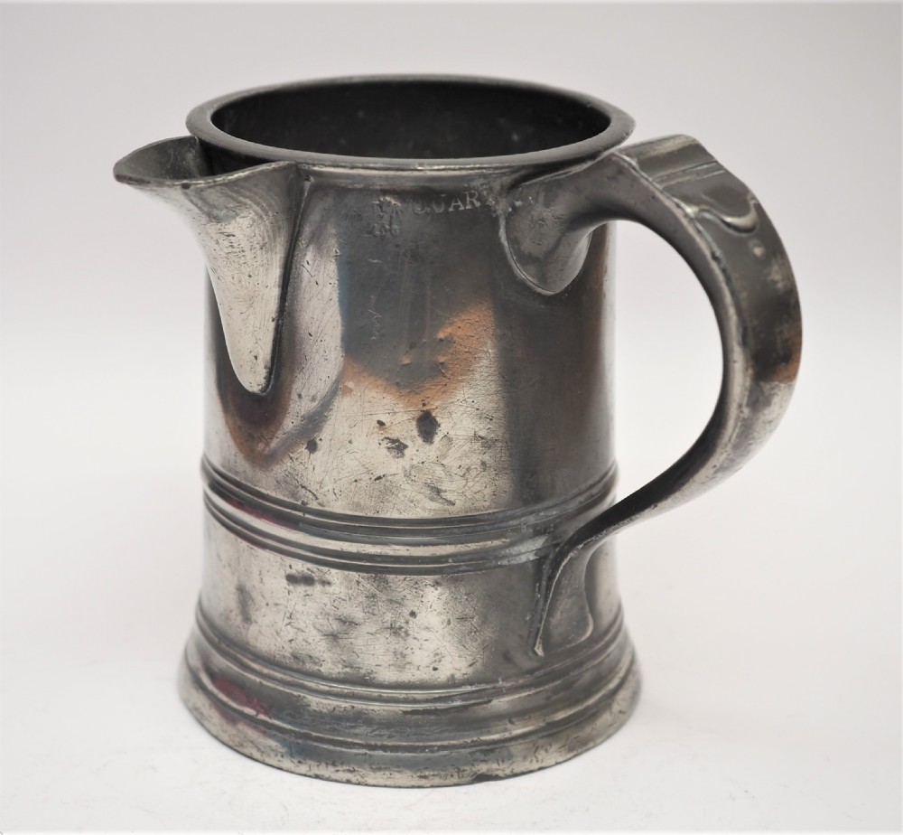 ANTIQUE ENGLISH PEWTER 1 QUART SPOUTED MEASURE, W R LOFTUS, 1856 - 1887.