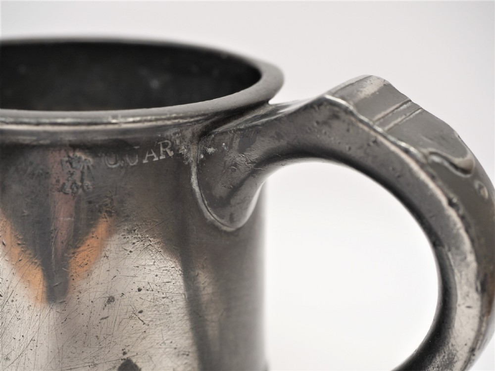 ANTIQUE ENGLISH PEWTER 1 QUART SPOUTED MEASURE, W R LOFTUS, 1856 - 1887. View VI