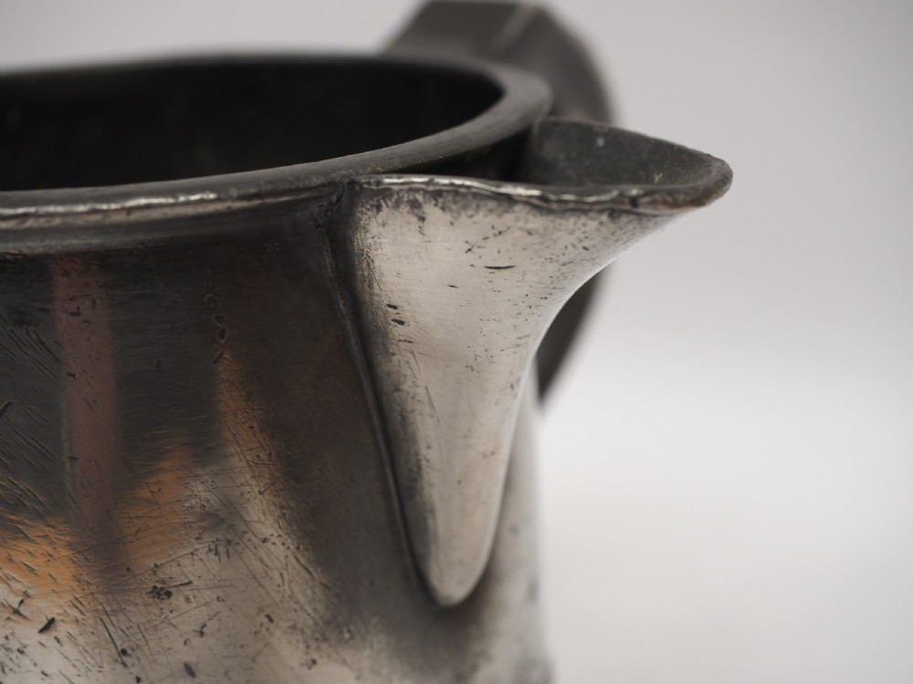 ANTIQUE ENGLISH PEWTER 1 QUART SPOUTED MEASURE, W R LOFTUS, 1856 - 1887. View VII