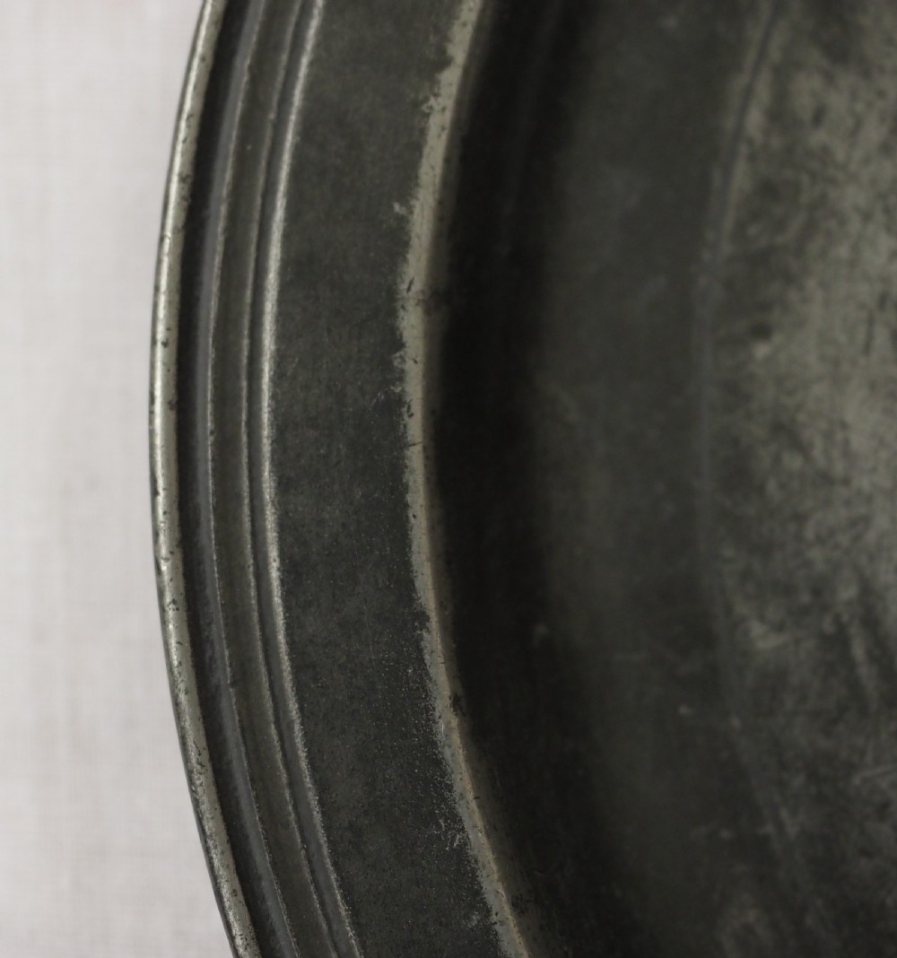 ENGLISH PEWTER 17th CENTURY NARROW RIM 8in PLATE, VERY WELL MARKED, CIRCA 1680. View VI