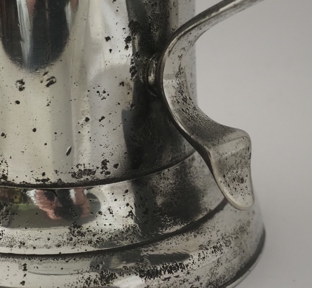 ANTIQUE IRISH PEWTER CHURCH FLAGON BY JOHN HEANEY OF DUBLIN, 1763 - 1807. View VI