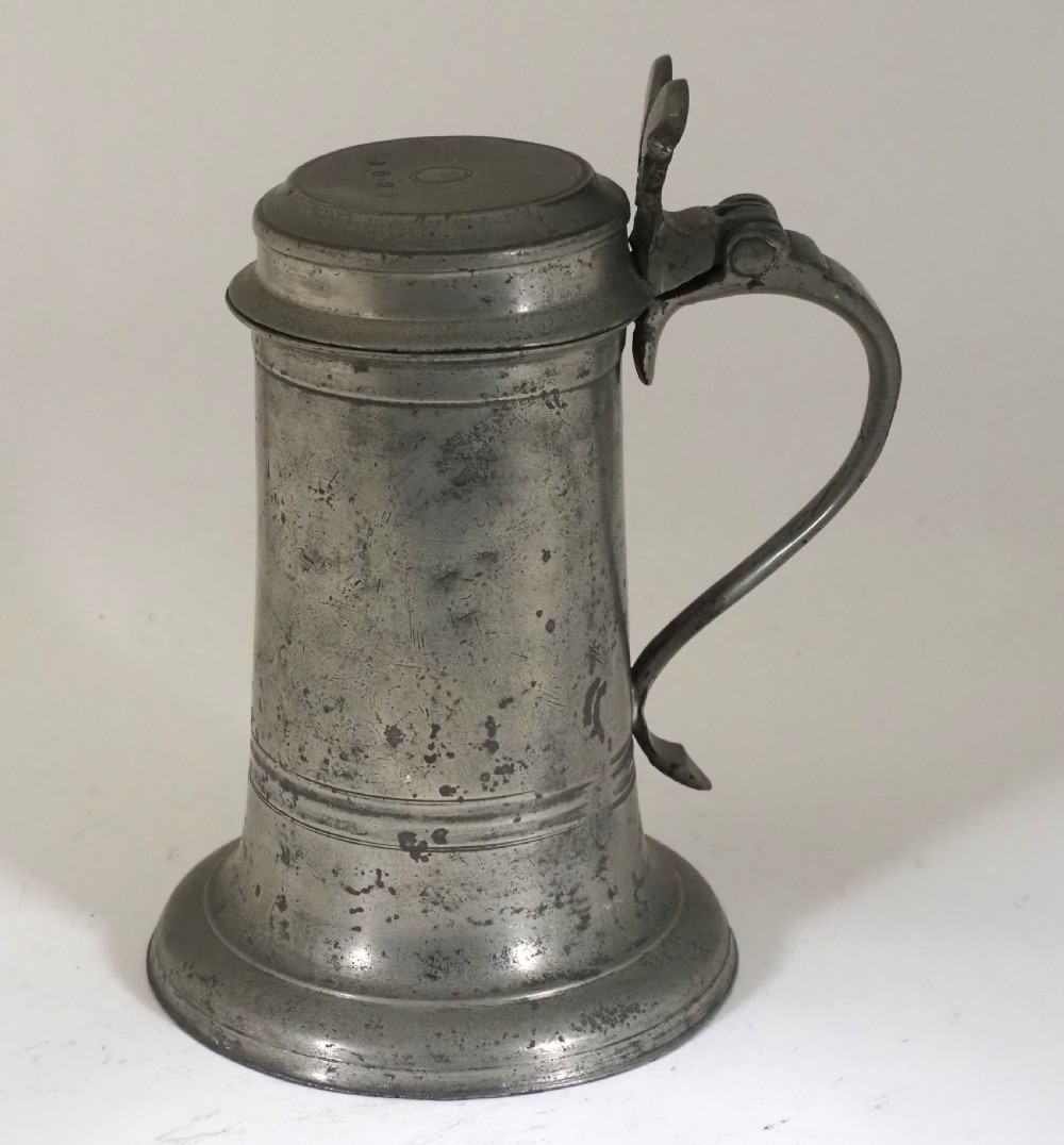 ANTIQUE ENGLISH PEWTER CHURCH FLAGON BY JOHN WEBBER I OF BARNSTAPLE, DEVON. 1662 - 1703. View IX