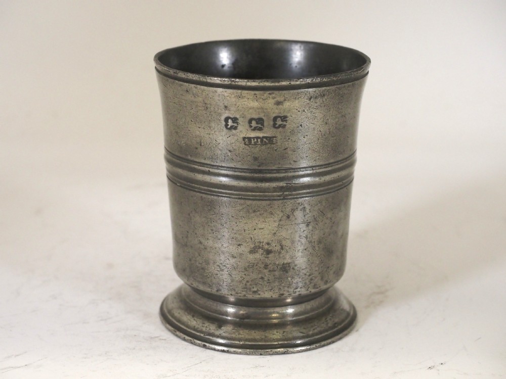 ANTIQUE ENGLISH PEWTER 1/2 PINT BEAKER BY M ALDERSON & CO OF LONDON, CIRCA 1820.