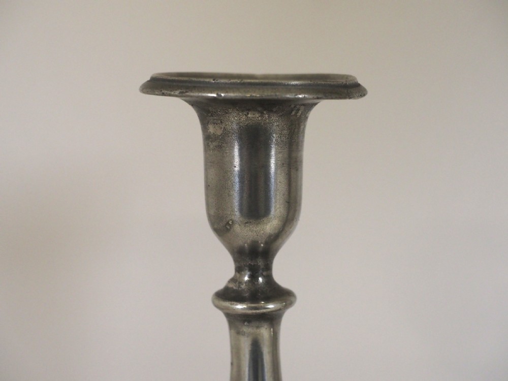 ANTIQUE ENGLISH PEWTER CANDLESTANDS, GEORGIAN TEARDROP DESIGN, CIRCA 1820. View II