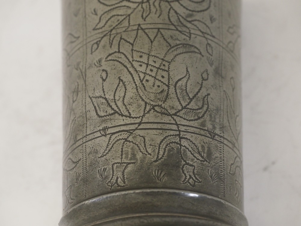A PAIR OF ANTIQUE DUTCH PEWTER WRIGGLE WORK DECORATED BEAKERS, CIRCA 1750. View IX