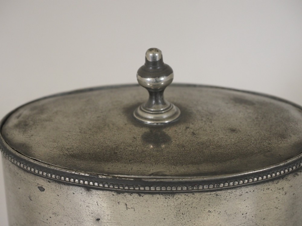 ANTIQUE ENGLISH PEWTER GEORGIAN TEA CADDY, WITH PRESSER, MAKER R P CIRCA 1780. View V