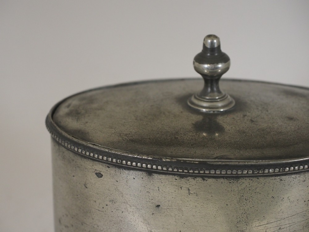 ANTIQUE ENGLISH PEWTER GEORGIAN TEA CADDY, WITH PRESSER, MAKER R P CIRCA 1780. View VI