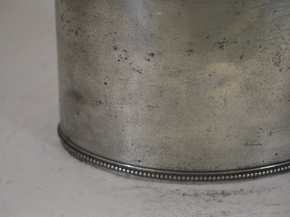 ANTIQUE ENGLISH PEWTER GEORGIAN TEA CADDY, WITH PRESSER, MAKER R P CIRCA 1780. View VII