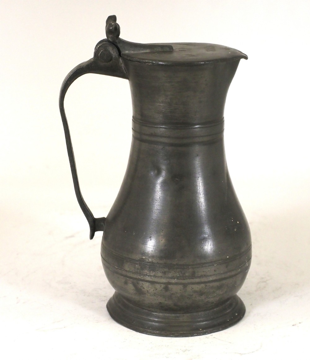 ANTIQUE GUERNSEY PEWTER 1 PINT LIDDED FLAGON BY CARTER, CIRCA 1750. View III