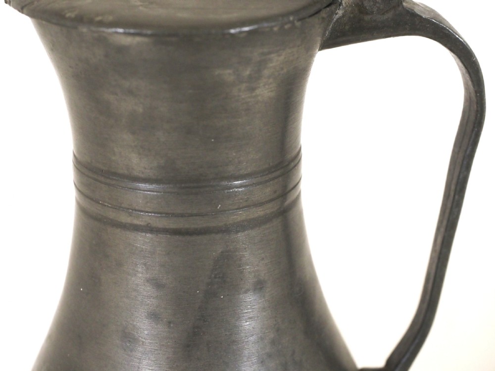 ANTIQUE GUERNSEY PEWTER 1 PINT LIDDED FLAGON BY CARTER, CIRCA 1750. View V