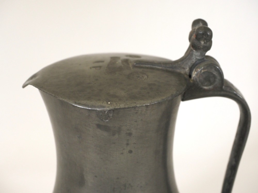 ANTIQUE GUERNSEY PEWTER 1/2 POT LIDDED FLAGON BY NICOLAS Le CHEMINANT, CIRCA 1800. View II