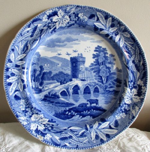 Antique English Georgian Blue and White Transfer "Bridge of Lucano" Pattern Pottery Plate ~ Spode