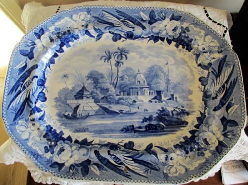 Antique English Georgian Blue and White Transfer Pottery Serving Dish / Platter ~ "Part of the City of Moorshedabad"