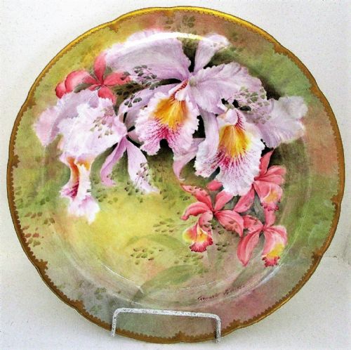 English Porcelain Cabinet Dish ~ "Cattlaya Mossiae Orchids" ~ Reginald Johnson