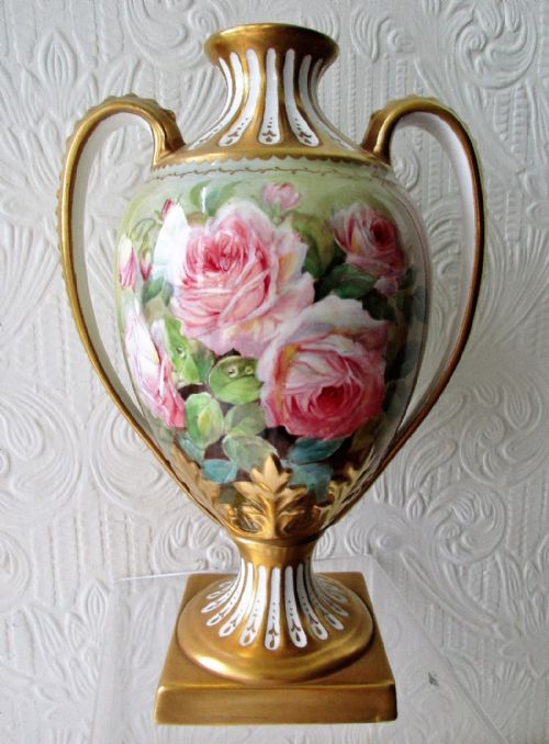 English Hand-Painted and Gilded Porcelain Vase ~ "Cream and Pink Roses" ~ Reginald Johnson