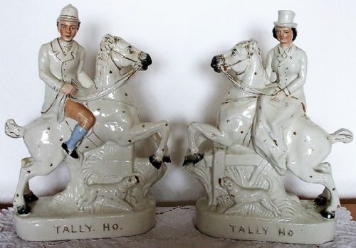 Pair of Antique English Victorian Staffordshire Pottery Equestrian Figures ~ "Tally Ho"