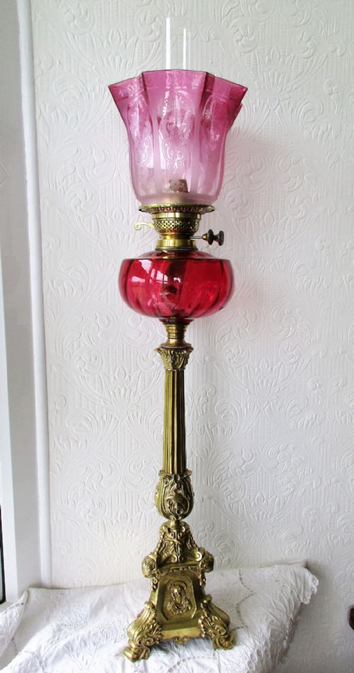 Antique English Victorian Cranberry Glass Oil Lamp
