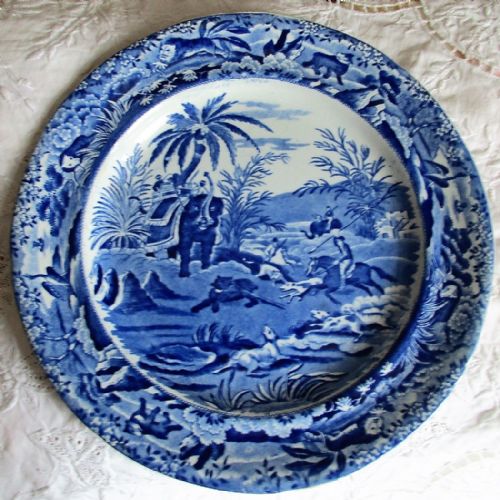 Antique English Victorian Blue and White Transfer Plate ~ "Oriental Sport" Series ~ "Death of the Bear" ~ Edward Challinor