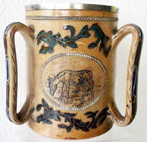 Antique Victorian Doulton Lambeth Silver Mounted Stoneware Tyg ~ Florence E. Barlow