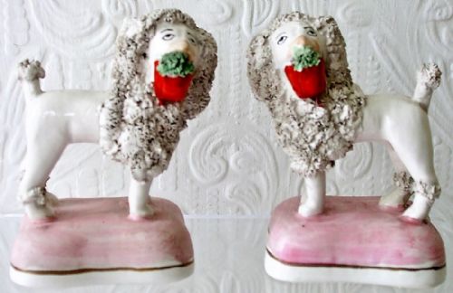 Pair of Antique English Victorian Staffordshire Pottery Miniature Poodles ~ James Dudson of Hanley