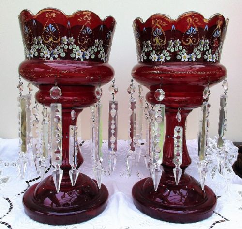 Pair of Antique English Victorian Ruby Glass Lustres