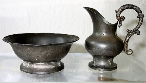 Antique English Victorian Pewter Miniature Ewer and Basin