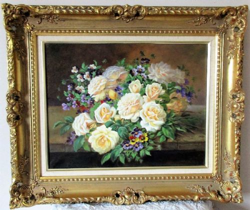 Cream Roses and Pansies ~ Oil Painting on Canvas ~ Reginald Johnson