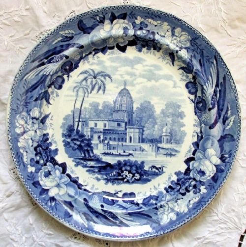 Antique  English Georgian Blue and White Transfer "Surseya Ghaut Khanpore" Pattern Pottery Plate ~ "Parrot Border" Series ~ Sack 5-3