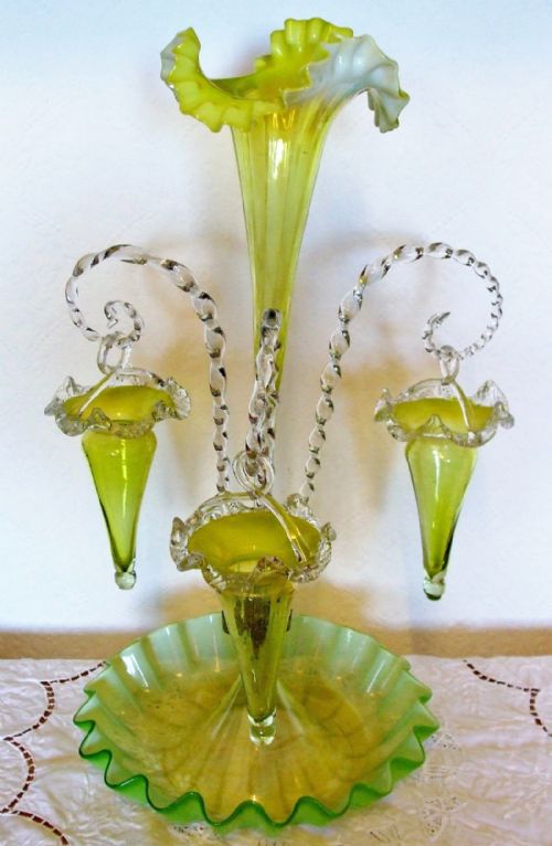 Antique English Victorian Green Vaseline Glass Epergne