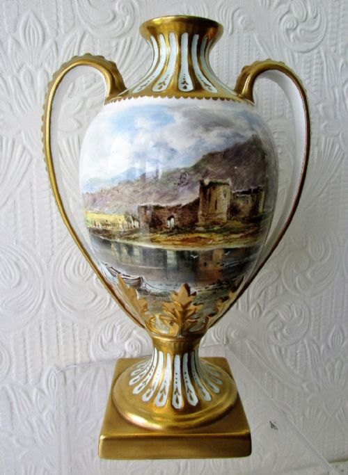 English Hand-Painted and Gilded Porcelain Vase ~ "Inverlochy Castle" ~ Reginald Johnson