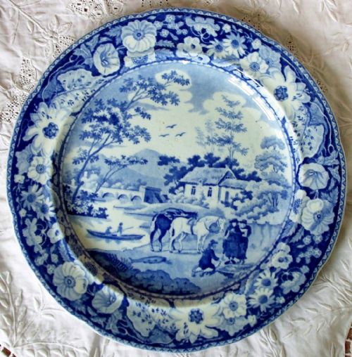 Antique English Georgian Blue & White Transfer "Native" Pattern Pottery Plate ~ William Adams