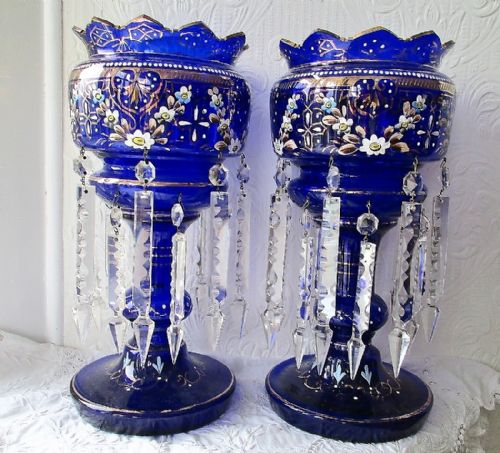 Pair of Antique English Victorian Blue Glass Lustres