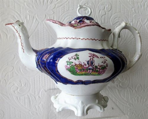 Antique Victorian Gaudy Welsh "Chinoiserie" Pattern Porcelain Teapot
