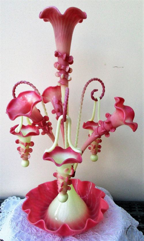 Antique English Victorian "Burmese" Glass Epergne