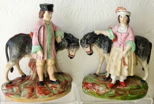 Pair of Antique English Victorian Staffordshire Pottery Figures ~ "Children with Donkeys" ~ H a2376A ~ H a2376B