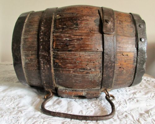 Antique English Victorian Iron Bound Coopered Oak Cider Costrel