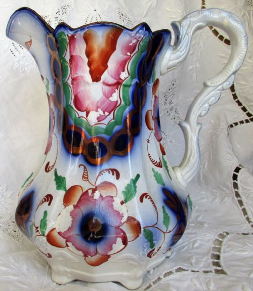 Antique Victorian Gaudy Welsh "Snowdonia" Pattern Pottery Jug