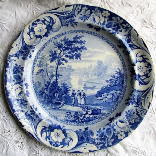Antique English Victorian Blue and White Transfer Pottery Plate ~ " The Trio" Pattern ~ Stafford Gallery