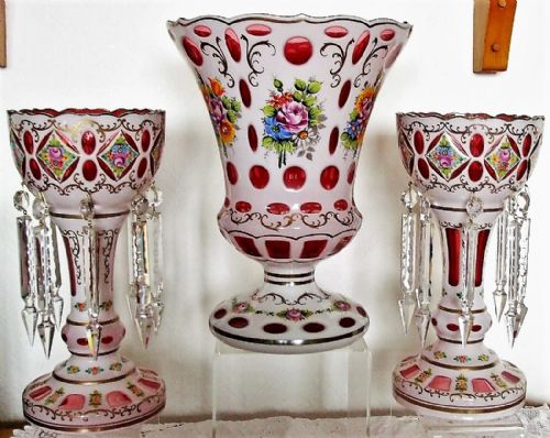 Garniture of Bohemian Overlay and Enamelled Glass Lustres and Vase