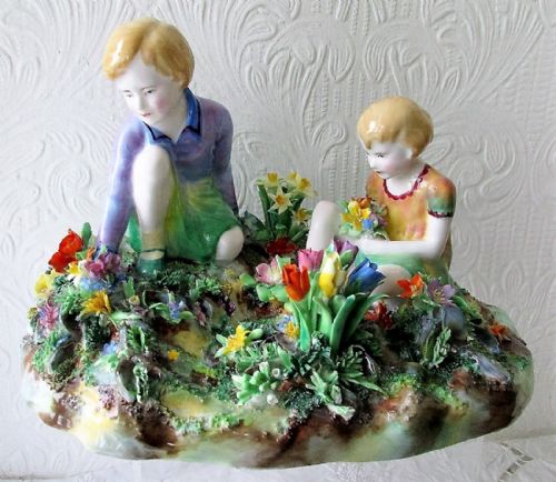 Vintage Crown Staffordshire English Porcelain Figure Group ~ "Picking Flowers" ~ T.M. Bayley