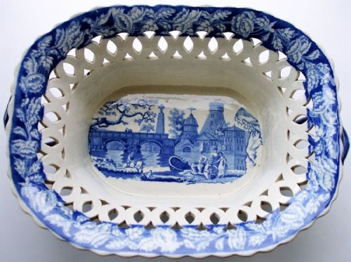 Georgian Blue & White Transfer  "River Scene with Fort" Chestnut Basket ~ J. & R. Clews