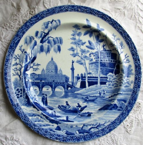 Antique English Georgian Blue and White Transfer Pottery Dessert Plate ~ "Rome / Tiber" Pattern ~ Spode