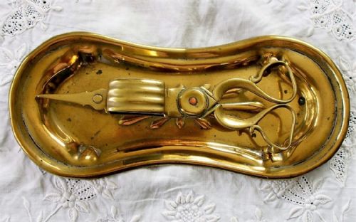Pair of Antique English Victorian Art Nouveau Brass Candle Snuffers with Tray