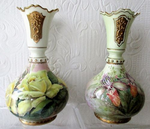 Pair of English Studio Pottery Hand-Painted and Gilded "Persian" Porcelain Vases ~ "Roses and Orchids" ~ Reginald Johnson