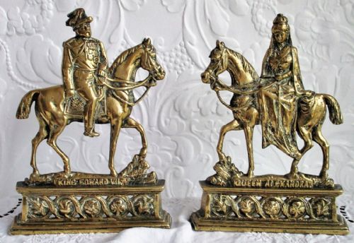 Pair of Antique English Edwardian Brass Chimney Ornaments ~ "King Edward VII & Queen Alexandra"
