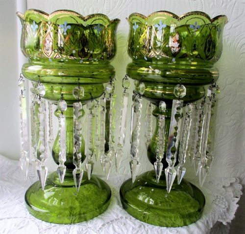 Pair of Antique English Victorian Green Glass Lustres