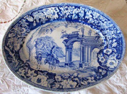Antique English Georgian Blue and White Transfer "Romantic Ruins" Pattern Pottery Tureen Stand ~ James and Ralph Clews