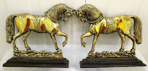 Pair of Antique English Georgian Brass Chimney Horses / Door Porters