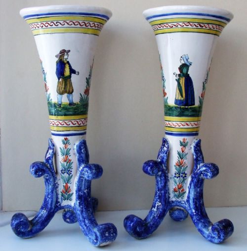 Pair of Antique HR Quimper French Faience Vases