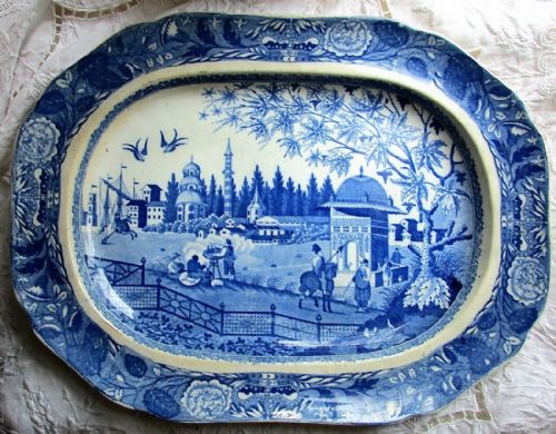 Antique English Georgian Blue and White Transfer Pottery Serving Dish / Platter ~ "Eastern Port" ~ John & William Ridgway